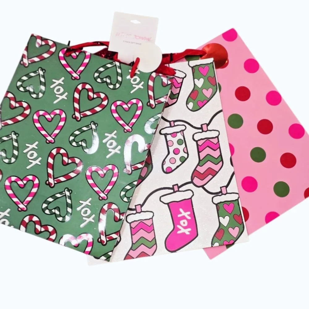 Betsey Johnson 3-PK Festive Candy Cane Heart and Stocking Gift‎ Bags